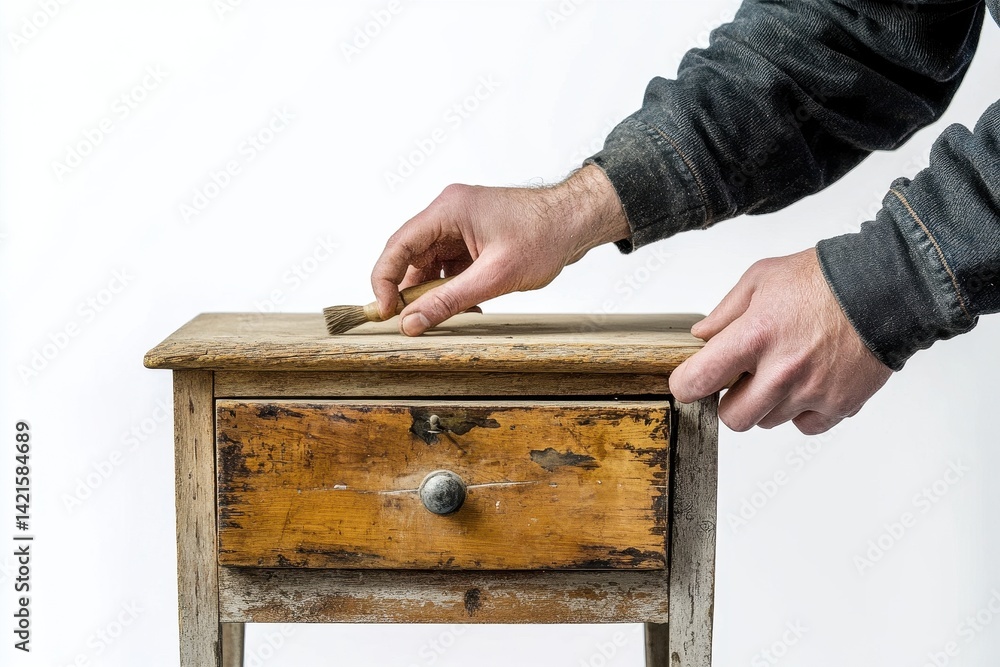 Poster Woodworking project in a bright workshop with a person restoring a vintage wooden table using a small tool during daytime hours