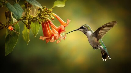 Obraz premium A hummingbird approaches an orange flower for its nectar in the air