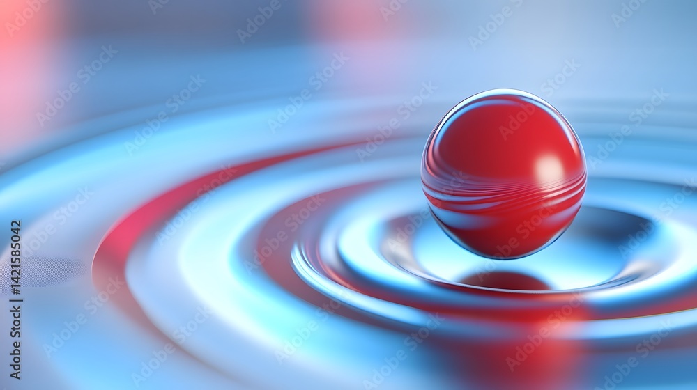 Poster red sphere creating ripples on a reflective surface