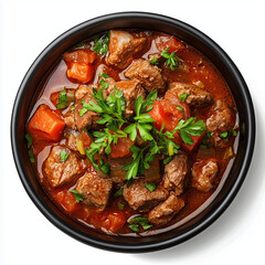 Fototapeta premium A rustic beef stew, a symphony of tender beef and hearty vegetables simmered in a rich broth, sits proudly in an oval ceramic plate against a stark white backdrop, bathed in the warm glow of bright 