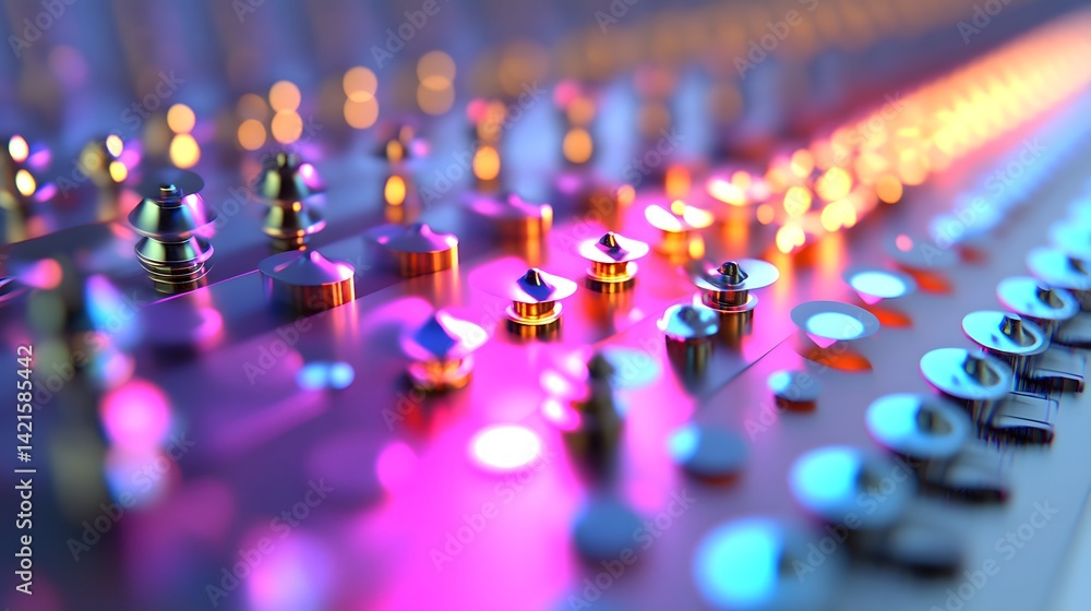Poster close-up of a sound mixing console with various knobs and sliders illuminated by colorful lighting.
