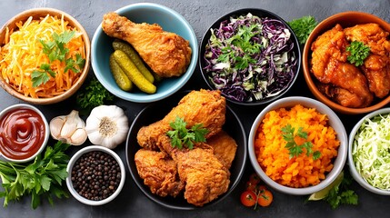Southern Fried Chicken Dish with Pickles and Colorful Sides