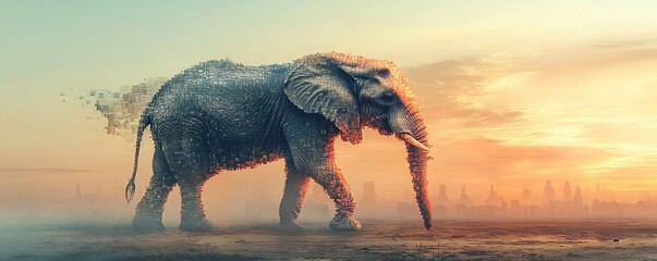Fototapeta premium Digital art of elephant constructed from memory puzzle fragments, Mosaic of Memories theme, symbolic and emotional, soft tones and dreamlike atmosphere, Midjourney style