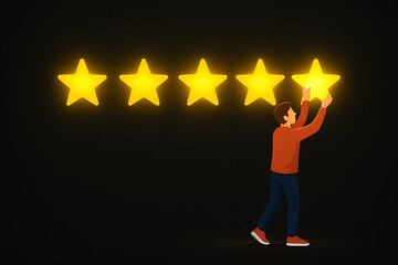  man placing fifth glowing golden star in five-star rating row on dark background, customer satisfaction feedback review concept, high quality service appreciation, performance rating success