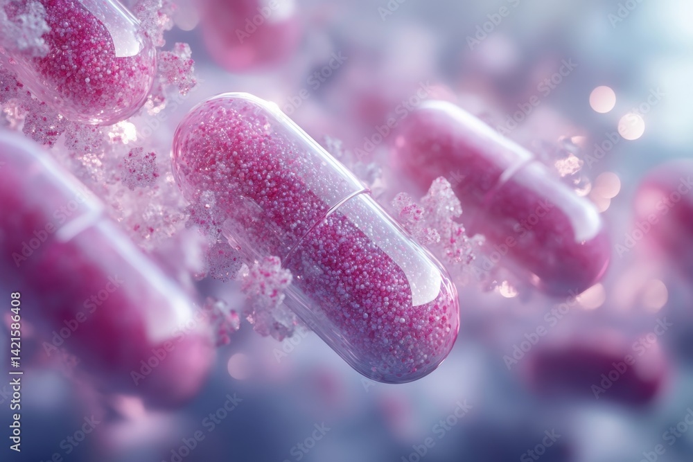 Poster close-up view of pink capsules floating in a vibrant environment with sparkling elements