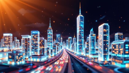 Obraz premium Vibrant nighttime cityscape urban skyline digital art futuristic atmosphere aerial view city life concept