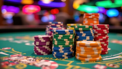 Fototapeta premium Exciting poker game action with colorful chips casino floor photography vibrant environment close-up perspective gambling concepts