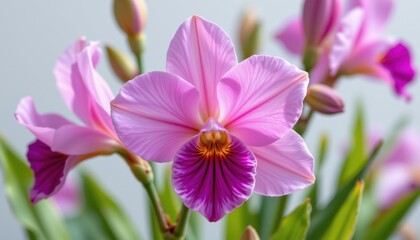 Fototapeta premium Beautiful pink orchid flowers blooms in a green garden nature photography close-up view tranquil environment
