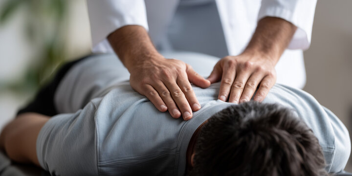 Chiropractor performs spinal adjustment for a patient in a bright clinic environment