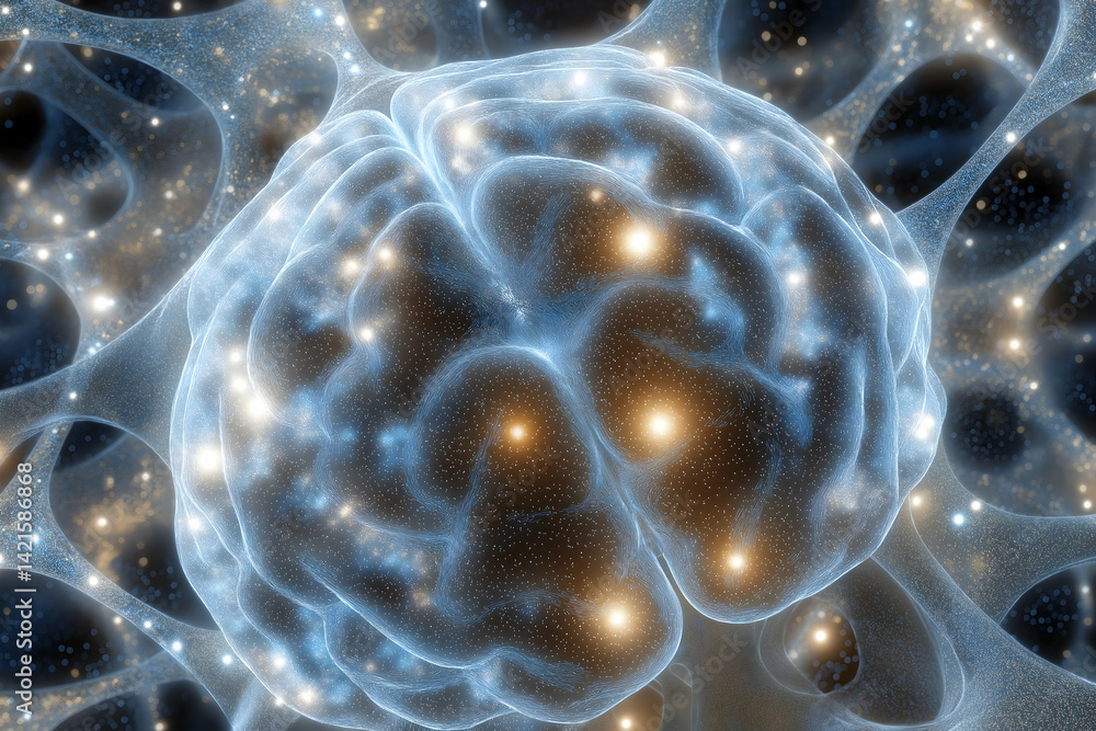 Poster a stunning abstract representation of a brain, illuminated with glowing nodes and intricate patterns