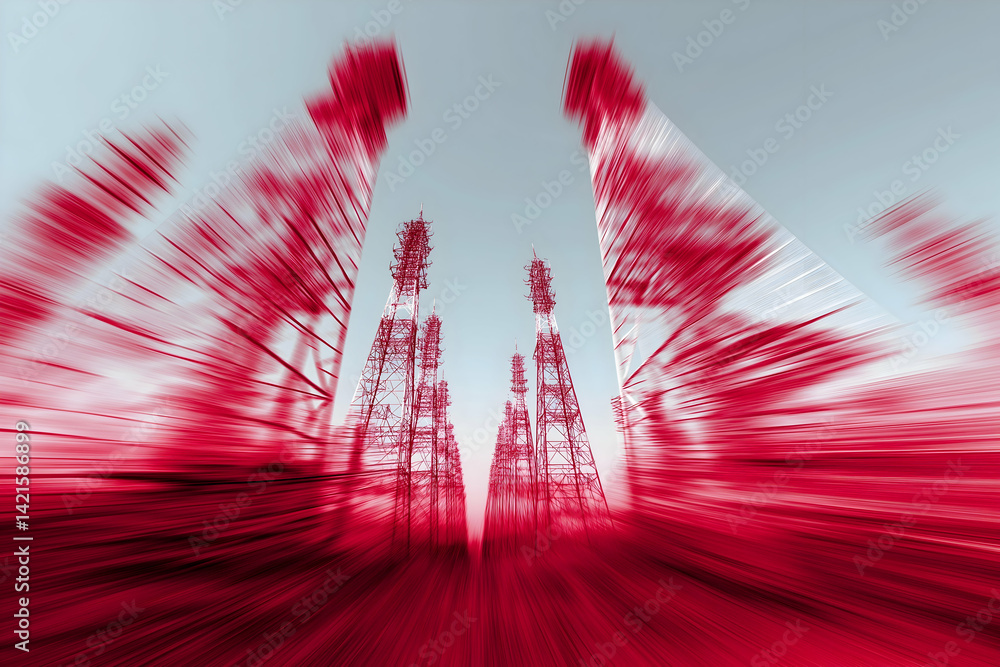 Poster an abstract view of communication towers, blurred and colored in vivid red, creating a dynamic, ener