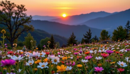 Fototapeta premium Sunset over flower field mountain valley nature photography serene environment panoramic view tranquility