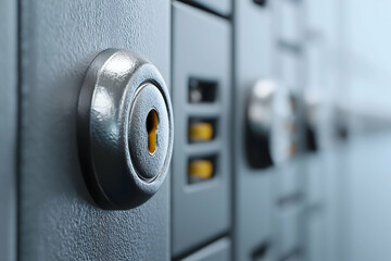 A close-up view of a metallic lock on a secure safe, showcasing its intricate design and functionality.