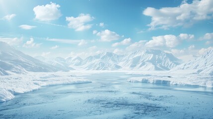 Obraz premium Snow-Covered Mountains and Frozen River Flowing Through Serene Valley