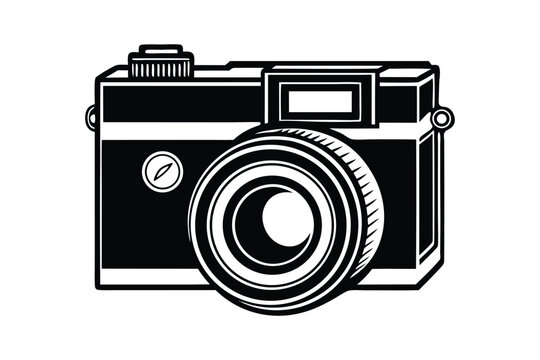 Silhouette art design of a vintage camera with a leather strap.eps