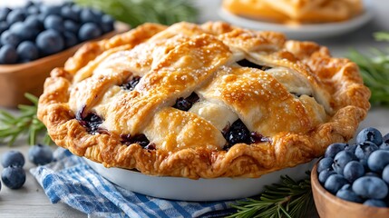 Fresh Blueberry Pie on Rustic Wooden Table Surrounded by Berries