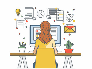 Illustration of a young woman working at the computer. Vector illustration.
