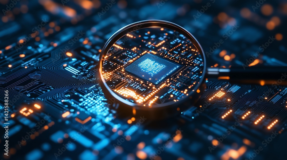 Poster magnifying glass over ai chip with glowing circuit lines on clean dark blue background, emphasizing 