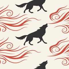 Mystical wolf silhouette designs in nature scenes with spiritual, emotional and tribal elements vector illustration