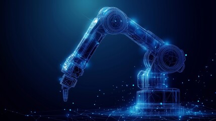 Smart industry robot arms modernization for digital factory technology, showcasing the automation process in Industry 4.0 with IoT control operation and low poly wireframe design.