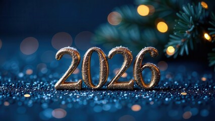 A sparkling new year 2026 display, featuring glittery golden numbers amidst a backdrop of shimmering lights and festive greenery, perfect for celebrating the new year and holiday themes.