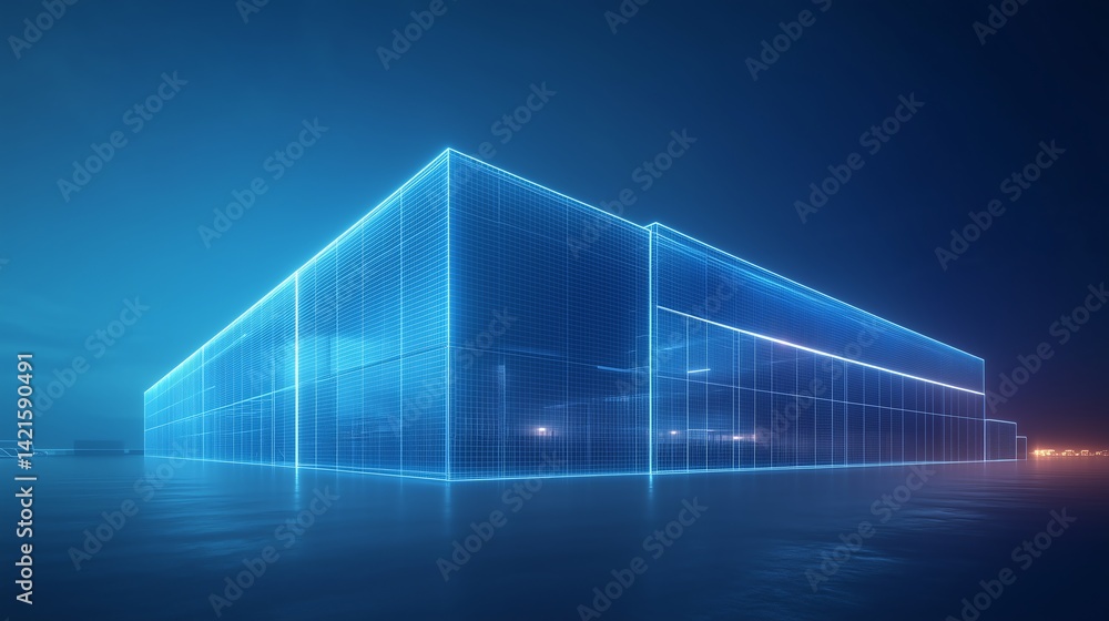 Poster a modern factory building with an empty asphalt floor in front, minimalist design with dark blue bac
