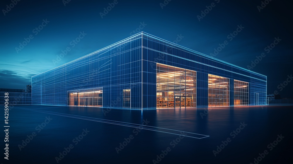 Poster a modern factory building with an empty asphalt floor in front, minimalist design with dark blue bac