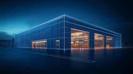 Fototapeta premium A modern factory building with an empty asphalt floor in front, minimalist design with dark blue background and wireframe outlines. Plenty of copy space for balanced compositions.