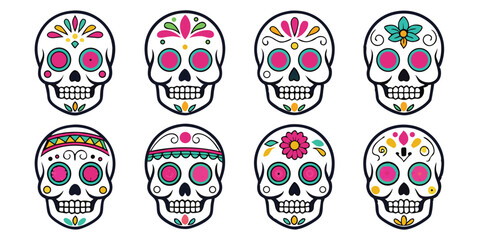 Colorful Sugar Skull Vector Set for Day of the Dead Celebration and Mexican Festival Art
