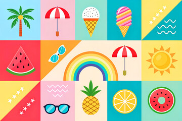 Colorful flat design summer icon grid with fruits, sun, umbrellas, and rainbows&mdash;perfect for seasonal social media, design projects, or children&rsquo;s content