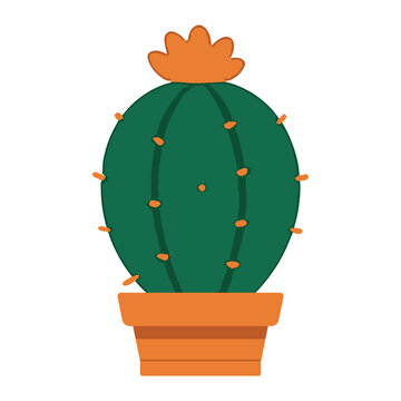 Flat Design Barrel Cactus with Flower in Terracotta Pot &ndash; Vector Illustration
