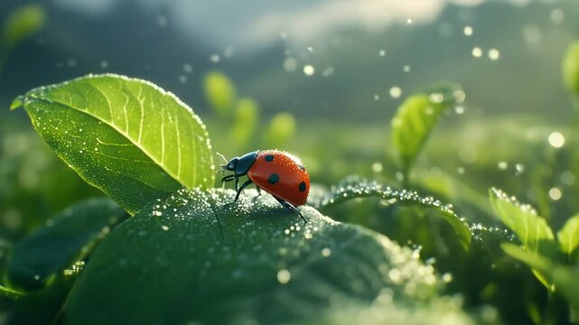 A ladybug perched on a green leaf, surrounded by dew droplets and softly diffused light from the background.