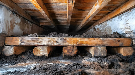 Crawl space showing wooden support beams and soil, symbolizing home foundation repair