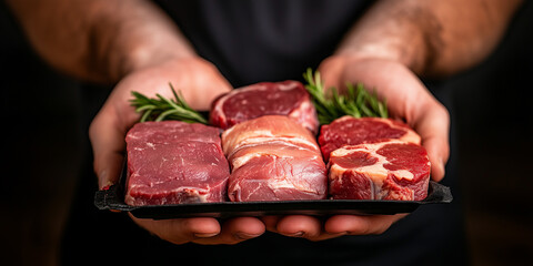 Display of assorted raw meat cuts in a butcher shop showcasing fresh culinary options for customers