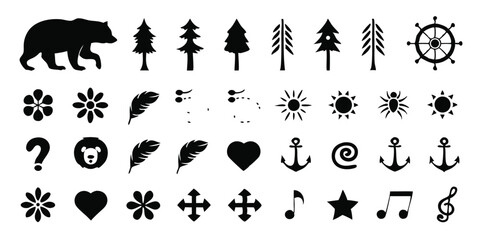 Wildlife Nature Silhouettes Vector with Trees, Animals, Nautical Symbols, Music and Hearts Icons