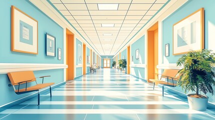 Flat illustration of a modern hospital corridor with a minimalist design. Clean lines and soft pastel colors create a spacious and welcoming healthcare environment with copy space.