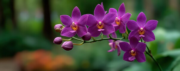 Fototapeta na wymiar Vibrant purple orchids in a lush garden setting with soft focus background
