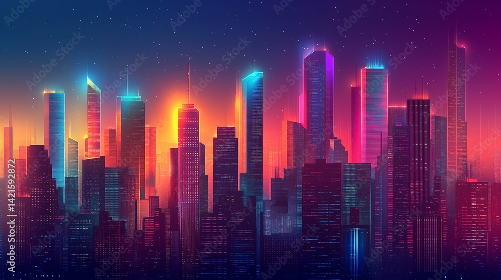 Poster modern cityscape with neon light effects. a minimalist abstract digital architecture illustration wi