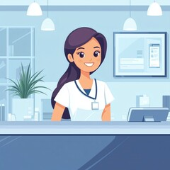 Flat-style vector illustration of a friendly hospital receptionist welcoming patients at the front desk, with a clean and modern medical office background.