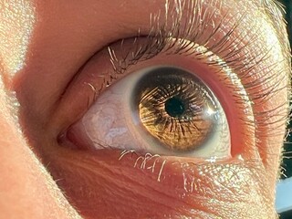 Woman's hazel eye reflecting sunlight: detailed close-up