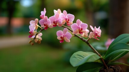 Obraz premium Beautiful Pink Orchids Blooming in a Serene Garden Setting with Soft Focus Background