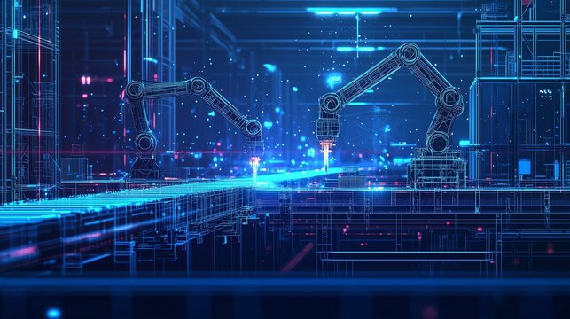 Industry 4.0 assembly line featuring robotic arms and machinery with a conveyor belt running seamlessly in a dark blue, low poly wireframe design.