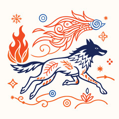 Mystical wolf silhouette designs in nature scenes with spiritual, emotional and tribal elements vector illustration