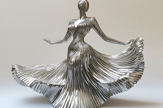 Metal statue of a woman dancing with flowing gown, sculpture for art, studio shot background