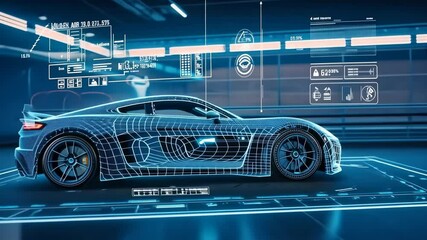 A sports car is showcased as a glowing wireframe blueprint, set against a high-tech backdrop. The design highlights automotive innovation in modern age. Cool blue lighting enhances the futuristic feel - Powered by Adobe