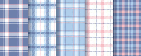 Plaid background. Tartan seamless pattern. Check blue purple prints. Flannel shirt textile. Set gingham fabrics. Vichy texture. Lumberjack cloth fabric. Buffalo checkered backdrop. Vector illustration