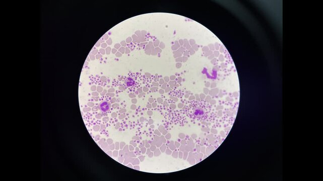 The platelets appear as small, irregularly shaped cell fragments scattered throughout the field. Their increased presence may indicate a condition such as thrombocytosis. Red and white blood cells can