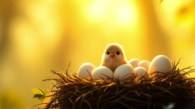 A fluffy chick nestled among eggs in a sunrise nest.