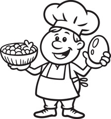 Silhouette Cheerful Chef Illustration Holding Egg and Bowl of Vegetables | Cook vector silhouette, outline chef standing front side full-length 