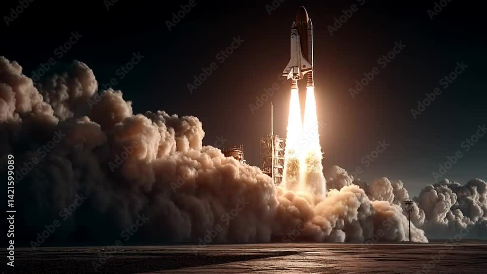 Poster the image shows a close-up of the space shuttle, which rises into space. a bright fire is visible fr